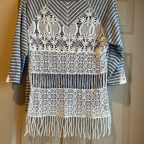 Erin London Striped Gray/Blue and White Crochet Top with Fringe, Size M - Picture 1 of 11